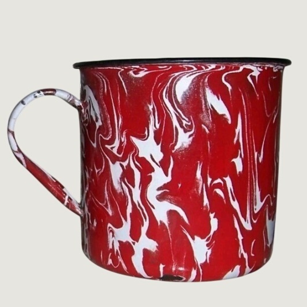 Vintage Red and White Marbled Enamelware Mugs Set of 2 Splatterware Camping Cups - Picture 3 of 7
